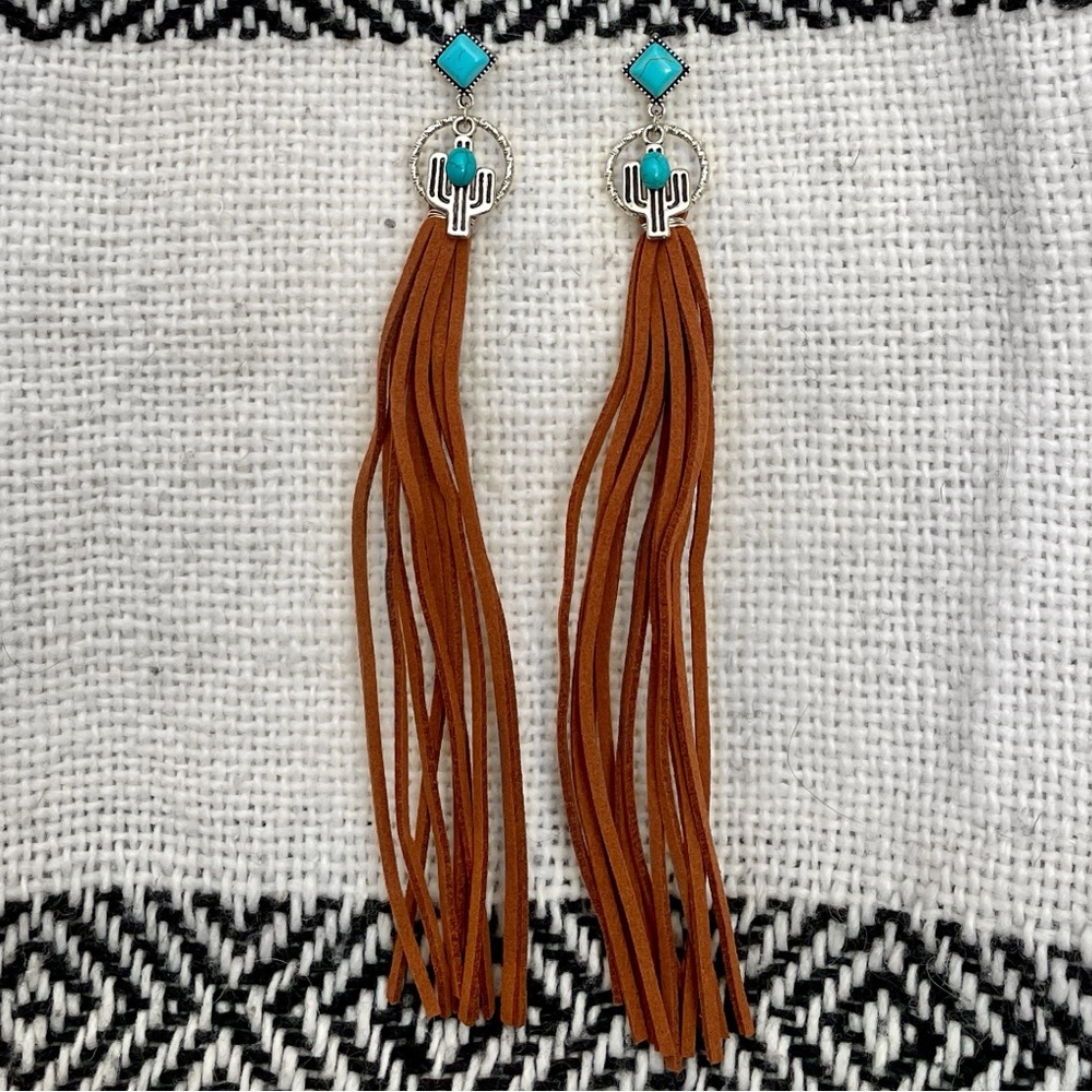 Faux Leather Fringe Earrings with Saguaro Cactus & Turquoise